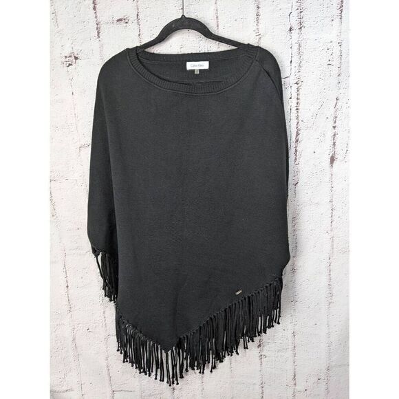 Calvin Klein Sweater Womens One Size Black Fringe Boho Southwest Poncho Western - Picture 1 of 10